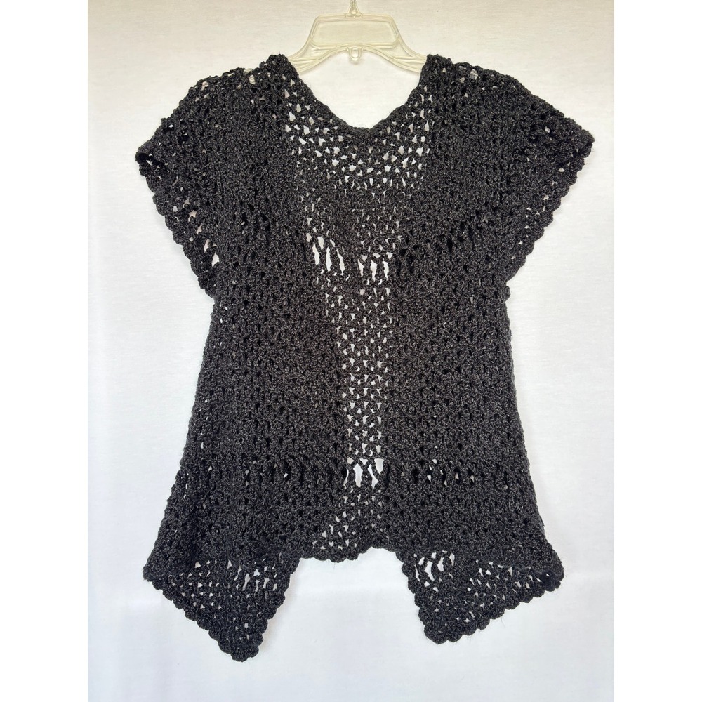 Womens Black Open Knit Crochet Vest Cardigan Sleeveless Boho Knit Kimono - Picture 4 of 4